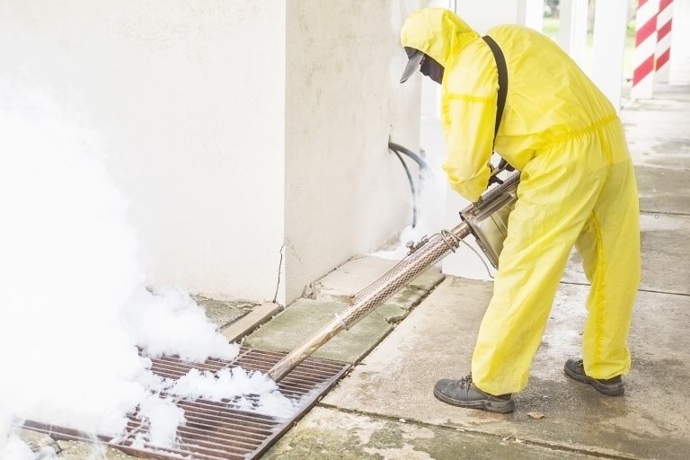 Homme utilise une machine de brouillard thermique pour la désinsectisation